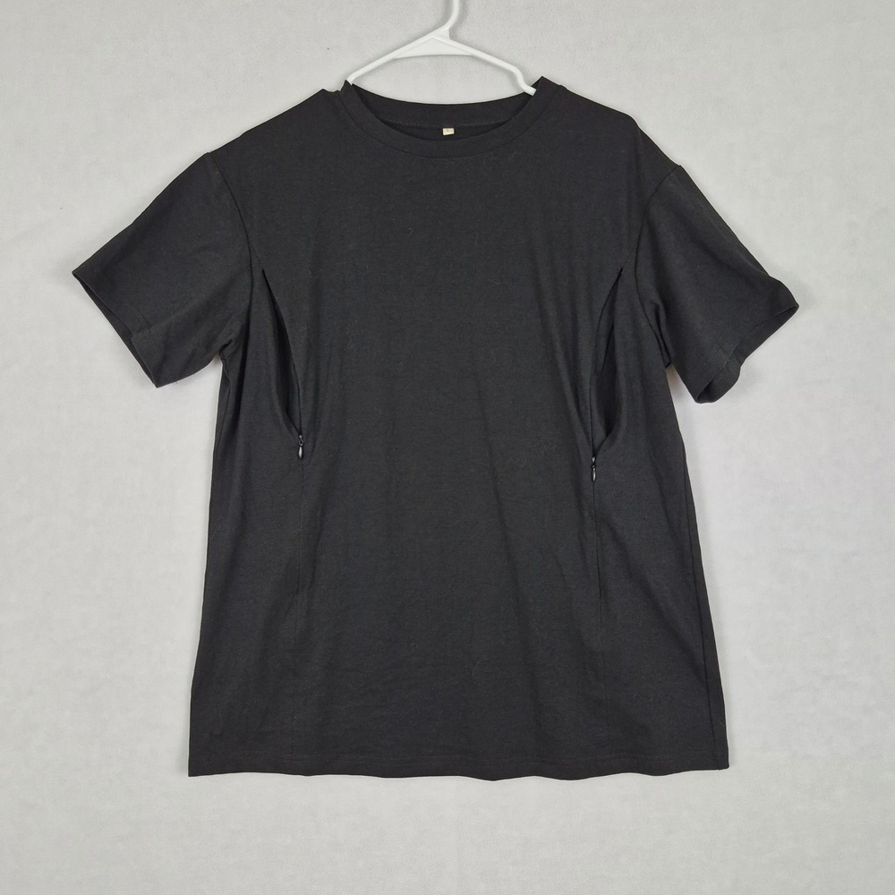 Nursing T-Shirt Black Short Sleeve 2 Hidden Front Zipper Breastfeeding Top Large